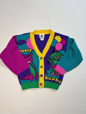 Barney Baby Bop Vintage 1992 cardigan sweater Color Block Sweater Girls 6X